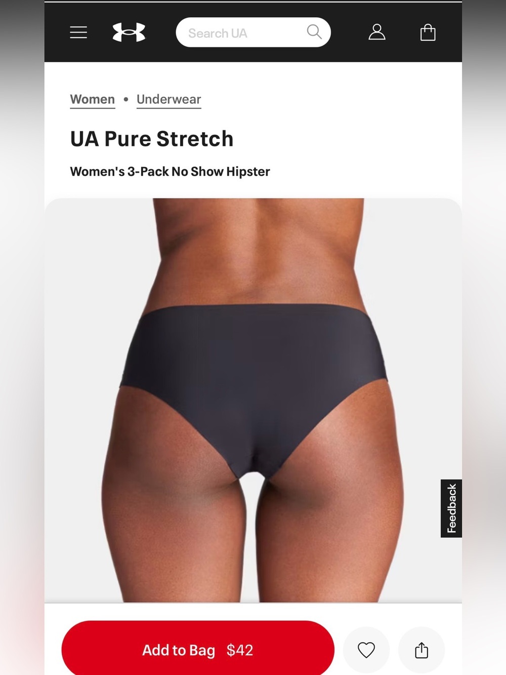NWOT Under Armour Black Women's No-Show Hipster Brief, Black, 6 pairs
